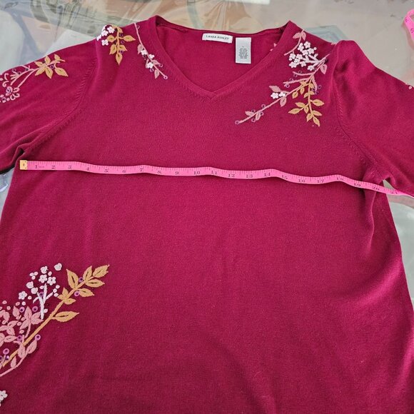 Laura Ashley Womens Burgundy Floral Embroidered V-Neck Sweater L Romantic Boho - Picture 6 of 12